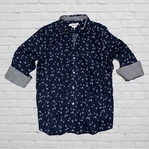 Foxcroft NYC Button Shirt Women's Sz XL Navy Blue Flying Birds Print Coastal